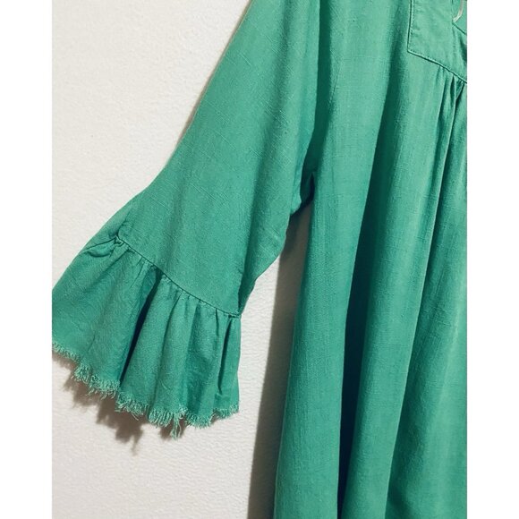 Umgee Top Womens Medium Bright Green Ruffle Bell Sleeve Linen Blend Fringe Hem - Picture 4 of 9